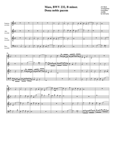 Dona Nobis Pacem From Mass Bwv 232 Arrangement For 4 Recorders Sheet Music