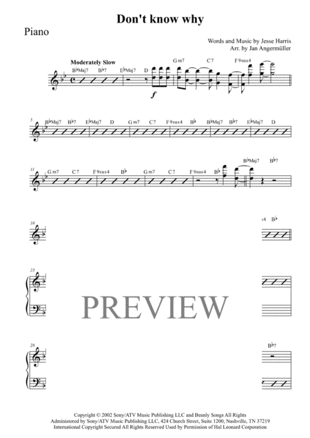 Dont Know Why Piano Transcription Of Original Norah Jones Recording Sheet Music