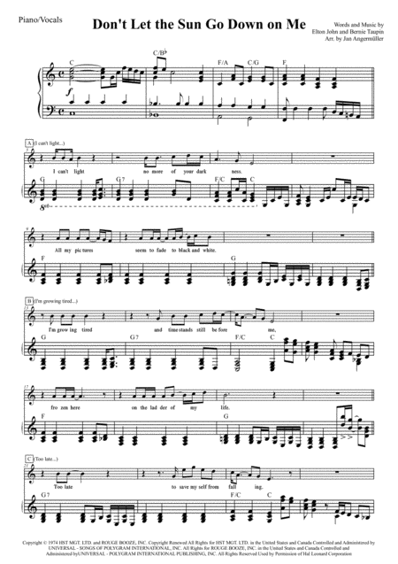 Dont Let The Sun Go Down On Me Piano Vocal Chords Based On The Elton John Recording Sheet Music