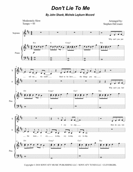 Free Sheet Music Dont Lie To Me Duet For Soprano Alto Solo