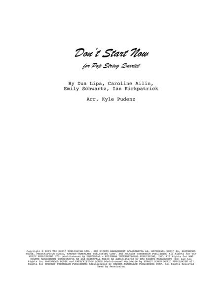 Dont Start Now Pop String Quartet With Rhythm Section Parts Sheet Music