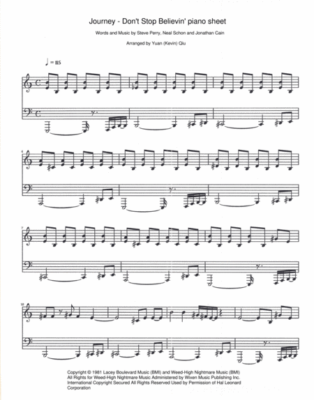 Dont Stop Believin By Journey Piano Sheet Sheet Music