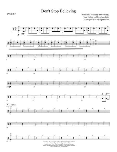 Free Sheet Music Dont Stop Believin Drumset