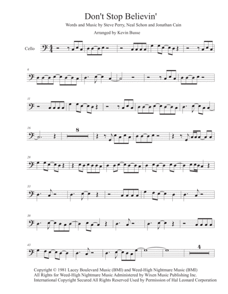 Free Sheet Music Dont Stop Believin Easy Key Of C Cello