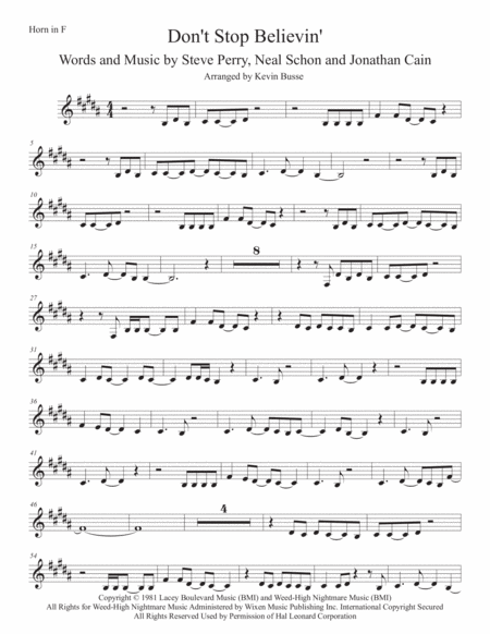 Dont Stop Believin Original Key Horn In F Sheet Music