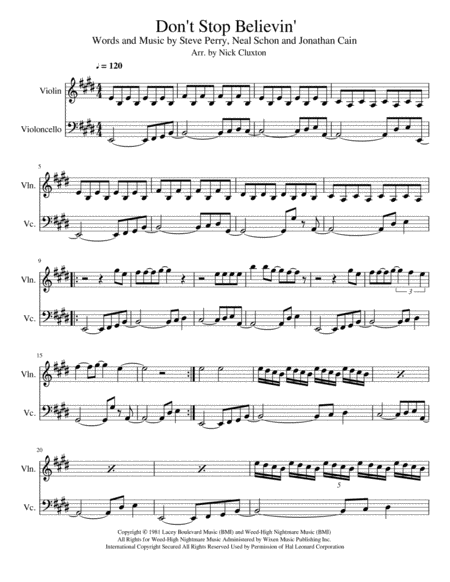 Dont Stop Believin Violin Cello Duet Sheet Music