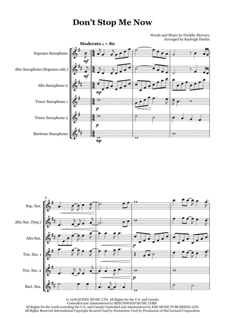 Dont Stop Me Now By Queen Saxophone Quintet Sattb Aattb Sheet Music