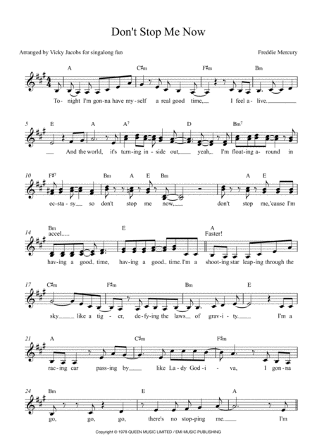 Free Sheet Music Dont Stop Me Now Leadsheet For Singalongs