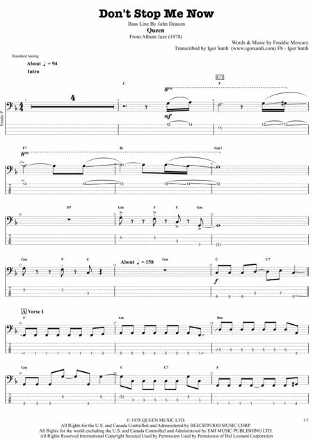 Dont Stop Me Now Queen John Deacon Complete And Accurate Bass Transcription Whit Tab Sheet Music