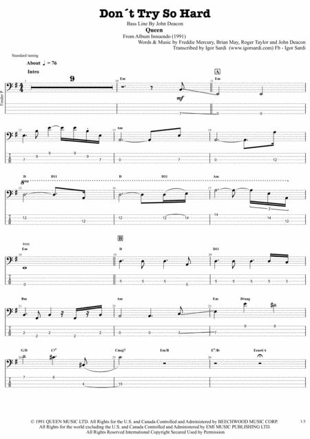 Free Sheet Music Dont Try So Hard Queen John Deacon Complete And Accurate Bass Transcription Whit Tab