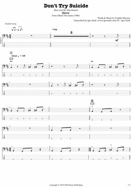 Dont Try Suicide Queen John Deacon Complete And Accurate Bass Transcription Whit Tab Sheet Music