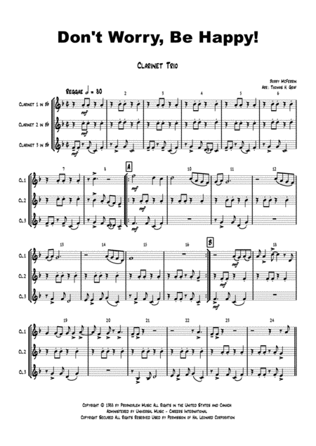 Free Sheet Music Dont Worry Be Happy Easy Funny Bobby Mcferrin Clarinet Trio