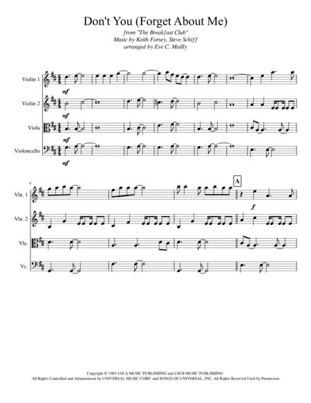 Dont You Forget About Me String Quartet Sheet Music