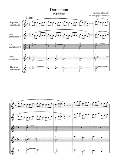 Free Sheet Music Doraemon Opening Song Saxophone Quintet