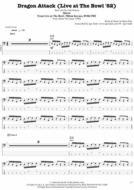 Dragon Attack Live At The Bowl 82 Queen John Deacon Complete And Accurate Bass Transcription Whit Tab Sheet Music