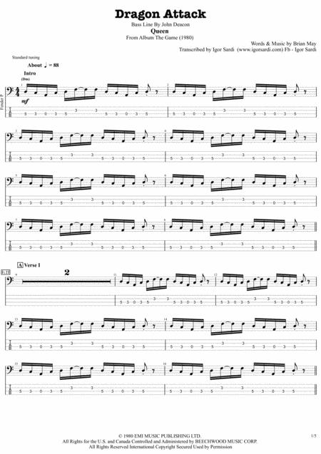 Dragon Attack Queen John Deacon Complete And Accurate Bass Transcription Whit Tab Sheet Music