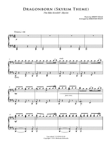 Free Sheet Music Dragonborn Main Theme The Elder Scrolls V Skyrim