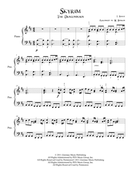 Free Sheet Music Dragonborn Skyrim Theme For Easy Piano