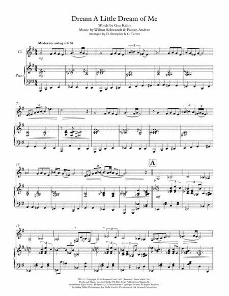 Free Sheet Music Dream A Little Dream Of Me For Clarinet Solo With Piano Accompaniment Ella Fitzgerald Louis Armstrong