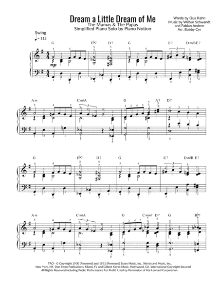 Free Sheet Music Dream A Little Dream Of Me The Mamas The Papas Piano Solo