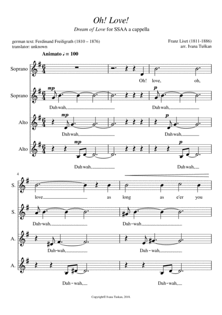 Free Sheet Music Dream Of Love Ssaa G Major