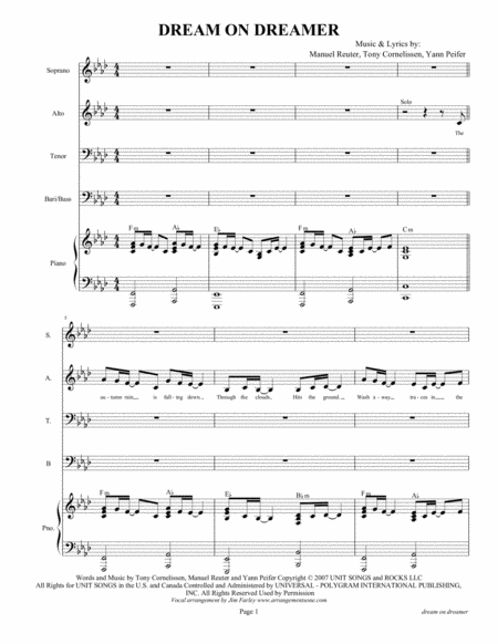 Dream On Dreamer Sheet Music