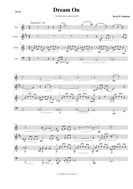 Free Sheet Music Dream On For Flute Clarinet Cello And Guitar