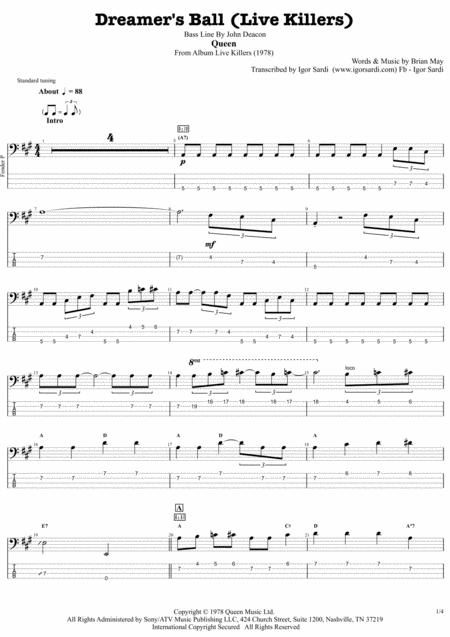 Free Sheet Music Dreamer Ball Live Killers Queen John Deacon Complete And Accurate Bass Transcription Whit Tab