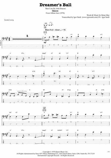 Free Sheet Music Dreamer Ball Queen John Deacon Complete And Accurate Bass Transcription Whit Tab