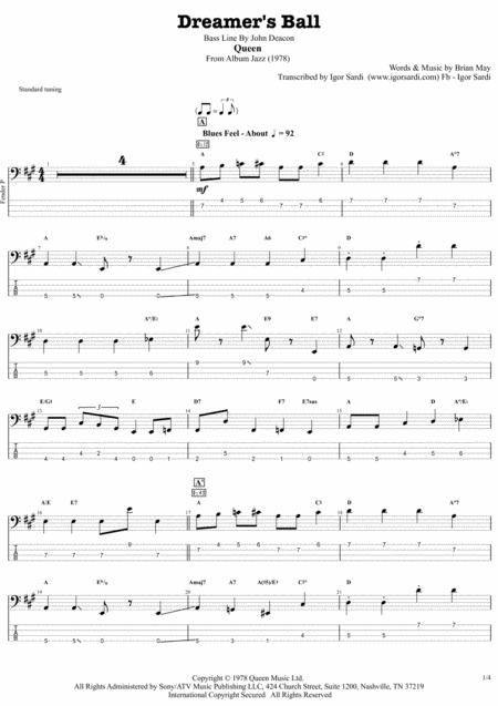 Dreamer Ball Queen John Deacon Complete And Accurate Bass Transcription Whit Tab Sheet Music