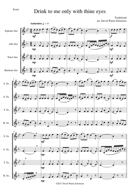 Drink To Me Only With Thine Eyes For Saxophone Quartet Sheet Music