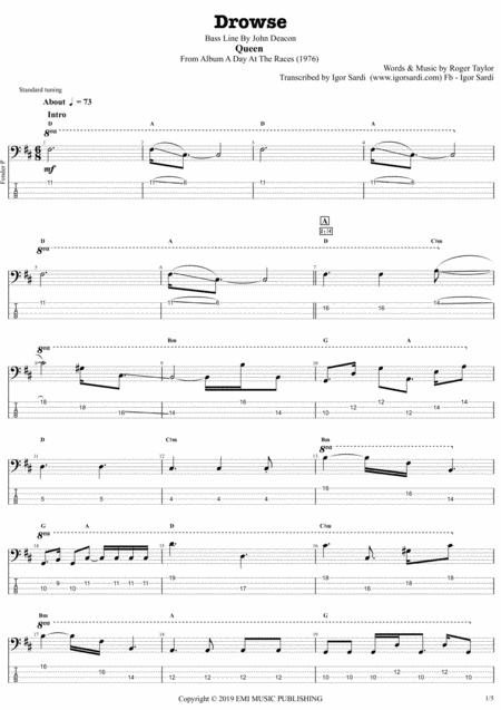 Drowse Queen John Deacon Complete And Accurate Bass Transcription Whit Tab Sheet Music