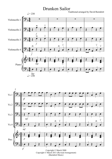 Drunken Sailor For Cello Quartet Sheet Music