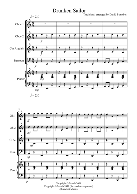 Drunken Sailor For Double Reed Quartet Sheet Music