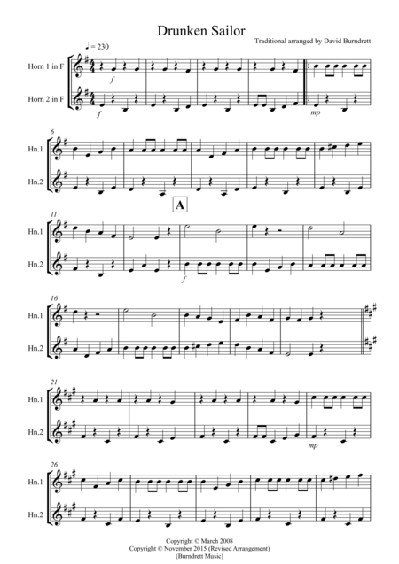 Drunken Sailor For French Horn Duet Sheet Music