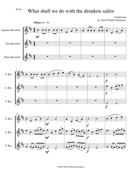 Drunken Sailor For Recorder Trio Soprano Alto Tenor Sheet Music