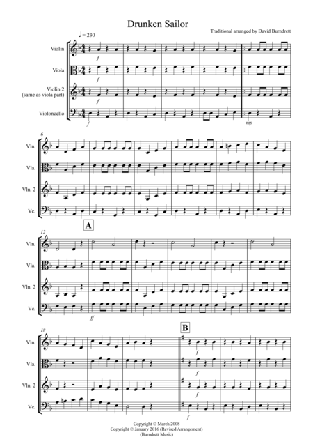 Drunken Sailor For String Trio Sheet Music