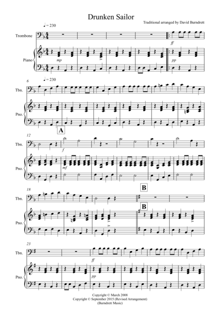 Drunken Sailor For Trombone And Piano Sheet Music