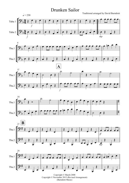 Drunken Sailor For Tuba Duet Sheet Music