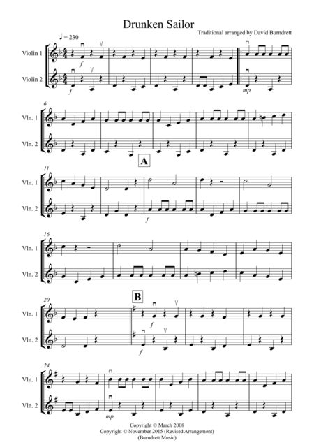 Free Sheet Music Drunken Sailor For Violin Duet