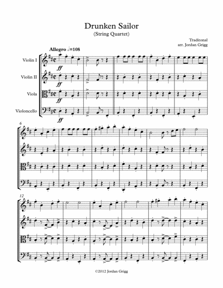 Free Sheet Music Drunken Sailor String Quartet