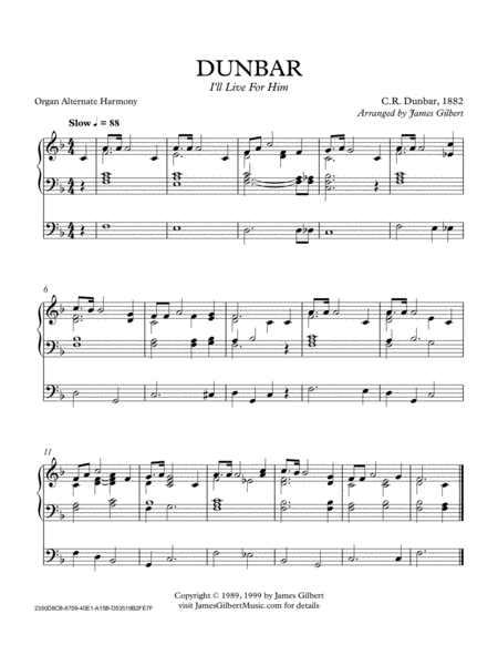 Dunbar I Will Live For Him Ora Sheet Music