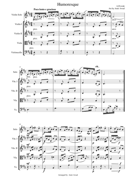 Free Sheet Music Dvorak Humoresque For Violin Solo With String Orchestra