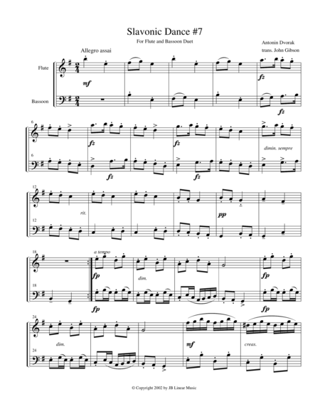 Dvorak Slavonic Dance 7 For Flute And Bassoon Duet Sheet Music