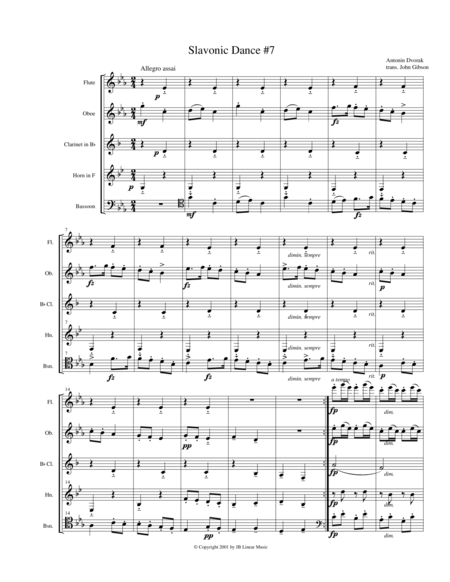 Free Sheet Music Dvorak Slavonic Dance 7 For Woodwind Quintet