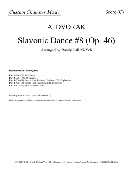 Free Sheet Music Dvorak Slavonic Dance 8 Brass Quintet