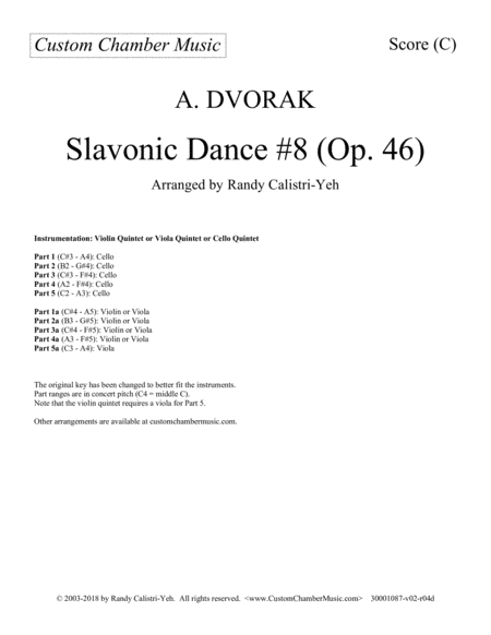 Dvorak Slavonic Dance 8 Violin Viola Or Cello Quintet Sheet Music