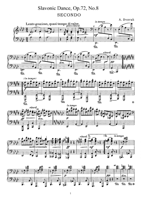 Dvorak Slavonic Dance Op 72 No 8 For Piano Duet Pd898 Sheet Music