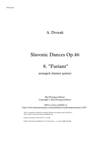 Dvorak Slavonic Dances Op 46 No 8 In G Minor Furiant Clarinet Quintet Sheet Music