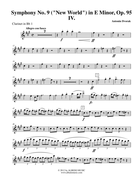 Dvorak Symphony No 9 New World Movement Iv Clarinet In Bb 1 Transposed Part Op 95 Sheet Music